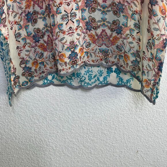 Johnny Was Betimo Boho Tunic Top XS Multicolor Embroidered Sheer Scalloped Hem - Picture 7 of 10